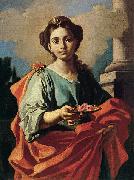 A female Saint holding a plate of roses